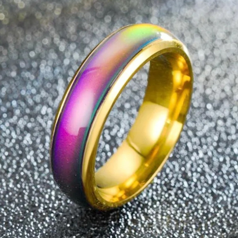 Gold Stainless Steel Mood Ring Color Changing Band Retro Y2K Jewelry Size 6